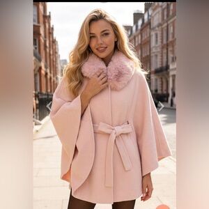 Pink Faux Fur Belted Cape Sweater Jacket Coat Romantic NEW S M L One Size Bow